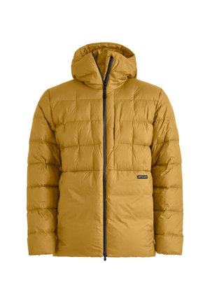 Yellow puffer jacket with a hood, featuring a quilted design, front zipper closure, and logo on the left chest. Smooth, insulated fabric.