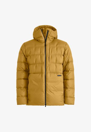 Yellow puffer jacket with a hood, featuring a quilted design, front zipper closure, and logo on the left chest. Smooth, insulated fabric.