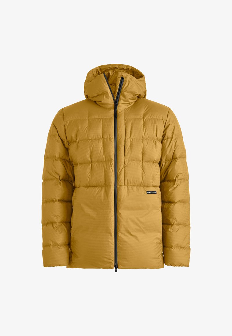 Yellow puffer jacket with a hood, featuring a quilted design, front zipper closure, and logo on the left chest. Smooth, insulated fabric.