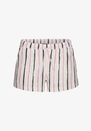 Lengvi medvilniniai šortai su elastingu juosmeniu, su vertikaliomis rožinėmis, žaliomis ir juodomis juostelėmis. Apima raištelį.