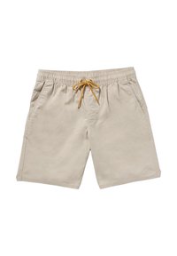Shorts beige en coton léger, dotés d'une taille élastique avec un cordon de serrage jaune et des poches latérales. Détails discrets du logo présents.