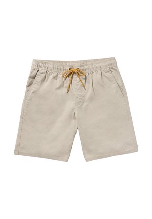 Beige Shorts aus leichtem Baumwollstoff mit einem elastischen Taillenbund und einer gelben Kordel sowie seitlichen Taschen. Dezentes Logo-Detail vorhanden.