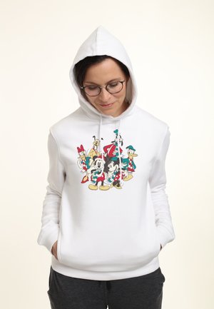 Felpa bianca con cappuccio, caratterizzata da personaggi dei cartoni animati stampati a colori sul fronte. Il materiale sembra morbido; include cordini e tasche frontali.