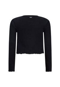 Zwarte cropped sweater van ribfluweel, met lange mouwen en een gegolfde zoom. Een klein label met de tekst "RETOUR" bevindt zich aan de achterkant van de hals.