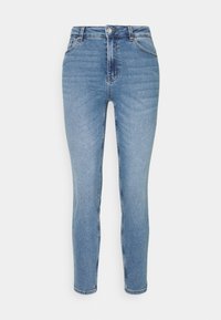 Ljusblå denimjeans med en figurnära design, hög midja, framfickor och subtilt blekta detaljer. Slät textur med en klassisk femfickorsstil.