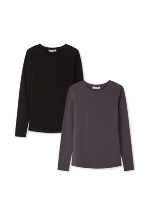 Due magliette a maniche lunghe, una nera e una grigia scura. Entrambe hanno un collo rotondo e una texture liscia e morbida. Nessun motivo o dettaglio visibile.