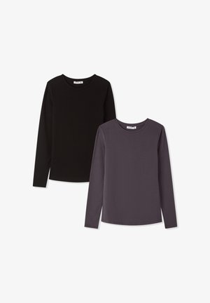 Due magliette a maniche lunghe, una nera e una grigia scura. Entrambe hanno un collo rotondo e una texture liscia e morbida. Nessun motivo o dettaglio visibile.