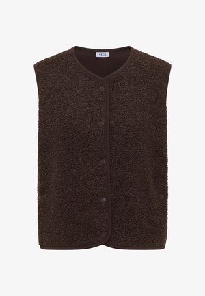 Gilet sans manches marron foncé à boutons avec tissu en polaire texturé et bordure marron, portant l'étiquette « CECIL » au niveau de l'encolure.