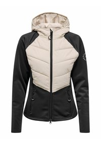 Jakna s kapuco, črno podlago iz flisa, kremno bel prešiti chevron panel na sprednji strani in dve stranski žepki z zadrgo.