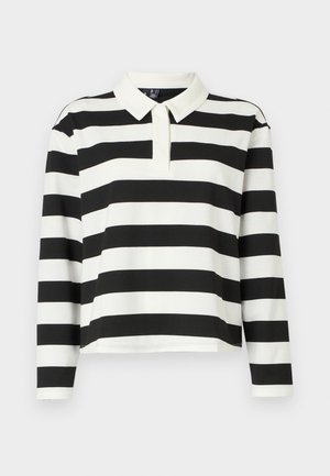 Polo cu mânecă lungă, în dungi alb-negru, cu guler plat, având o margine dreaptă și un material moale, texturat.