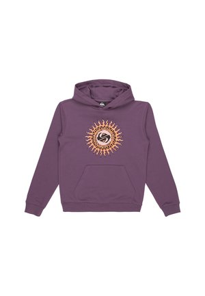 Purple hoodie made of soft fabric featuring a sun design in orange and black at the center, with a front pocket and drawstring hood.