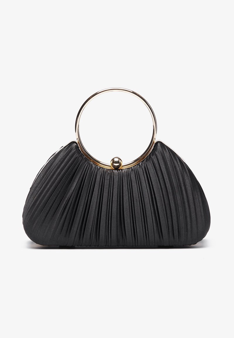 Sac à main noir plissé avec une grande anse ronde en métal doré et un fermoir boule doré au centre sur fond blanc.
