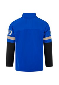 Blauwe en zwarte langharige jas met hoge kraag, mesh-textuur op de bovenrug en crèmekleurige accenten op de mouwen.