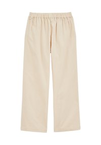 Lichtbeige katoenen wijde broek met een elastische tailleband en geen zichtbare sluitingen, met een gladde textuur en rechte snit.