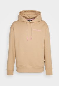 Felpa beige con cappuccio, tasca frontale, coulisse rosa chiaro e logo abbinato. Realizzata in materiale morbido e strutturato.