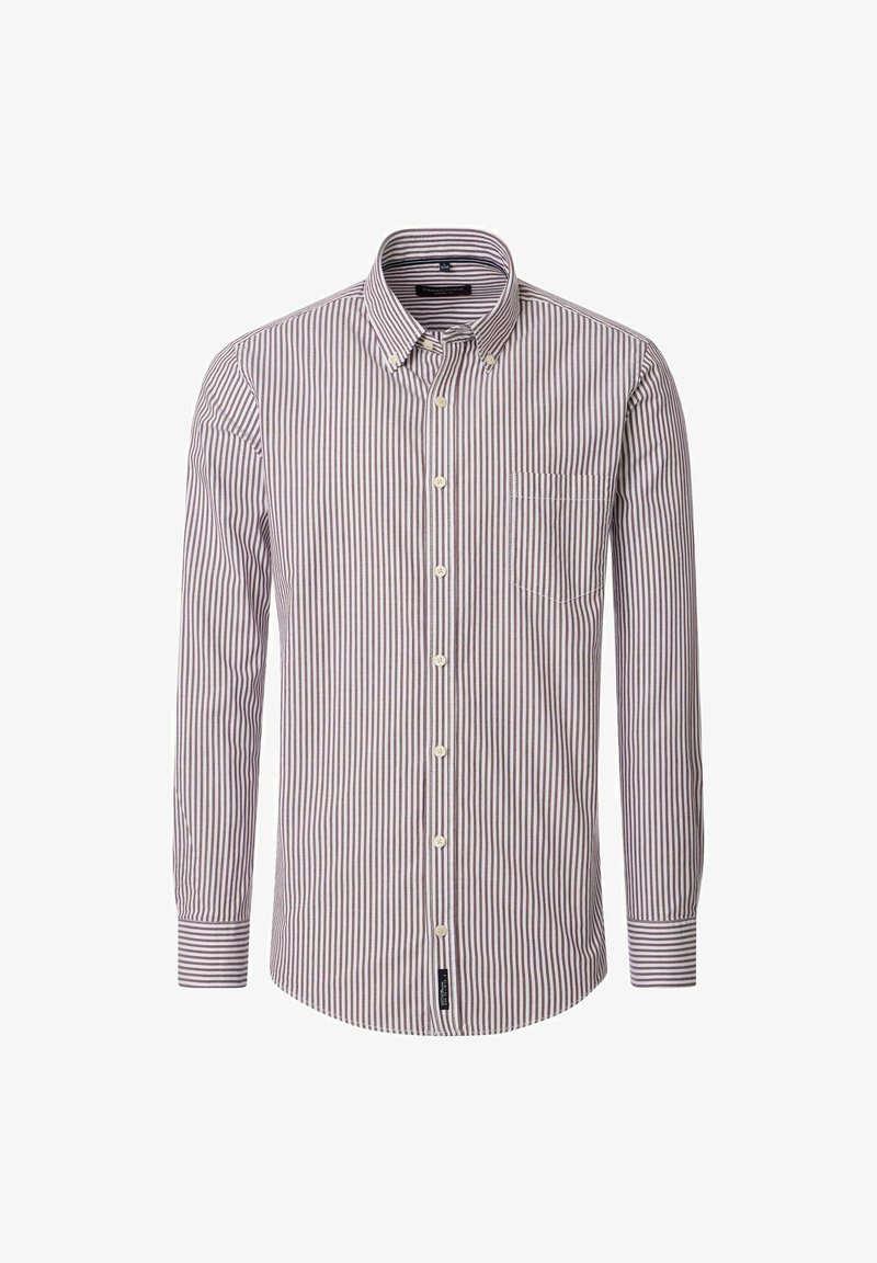 Witte overhemd met dunne verticale bordeauxrood strepen, lange mouwen, knoopkraag, borstzak en beige knopen.