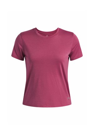 Purple short-sleeve athletic t-shirt, made of smooth, lightweight fabric with a crew neckline and subtle stripe texture. Includes logo detail.