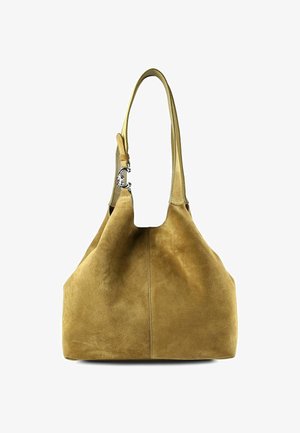 Wildleder-Hobo-Tasche in einem warmen Beigeton, mit großer, lässiger Form, einem einzigen Henkel und silberfarbenen Metallakzenten.