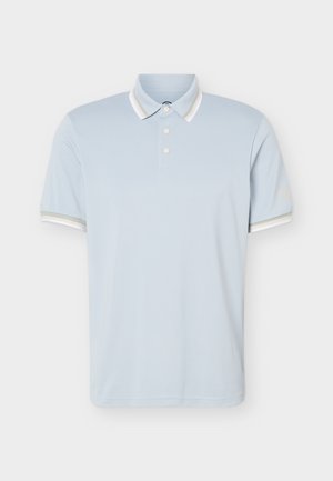 Light blue short-sleeve polo shirt with white trim on collar and sleeve edges, three white buttons on front placket.