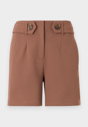 Shorts marron taille haute avec une fermeture avant dissimulée, des passants pour ceinture et deux boutons décoratifs marron sur des pattes inclinées à la taille.