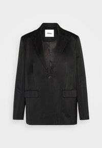 Black blazer made of smooth fabric, featuring a notched lapel, single button closure, and two front pockets.  Tailored silhouette and classic design.