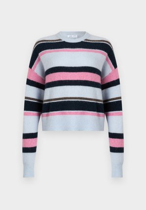 Ανοιχτό μπλε cropped πουλόβερ με οριζόντιες ρίγες σε ναυτικό μπλε, ροζ και καφέ. Μαλακή υφή με ριμπ μανσέτες και λαιμόκοψη.