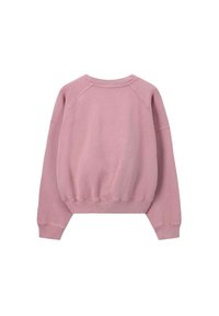 Sweatshirt rose avec un col rond, des manches raglan et un ourlet côtelé. Texture douce avec une coupe légèrement ample.