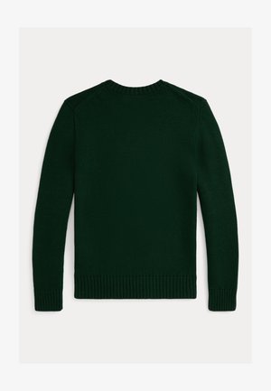 Suéter de punto verde oscuro con cuello redondo acanalado y puños acanalados. La vista trasera muestra una tela texturizada con detalles mínimos.