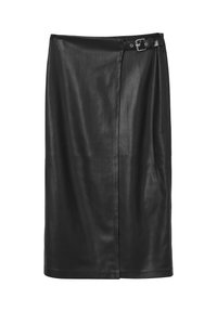 Jupe midi en simili cuir noir avec un design à enveloppe à l'avant et une ceinture réglable à boucle à la taille.