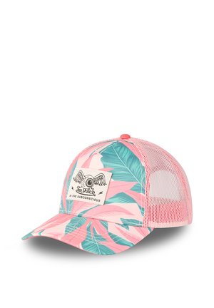 Casquette de baseball rose et verte à motif feuilles tropicales avec arrière en mesh et écusson avant portant l'inscription « Von Dutch In The Subconscious ».