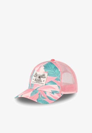 Casquette de baseball rose et verte à motif feuilles tropicales avec arrière en mesh et écusson avant portant l'inscription « Von Dutch In The Subconscious ».