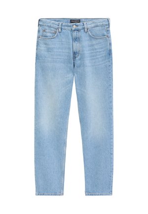 Hellblaue Jeans aus Denim mit fünf Taschen, Knopfverschluss und Gürtelschlaufen, flach ausgelegt ohne Falten oder Knicke.