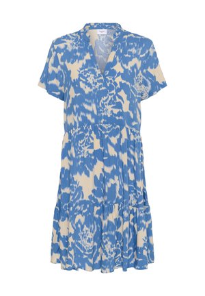 Sininen ja kerma valloittavalla kuviolla varustettu mekko, jossa on lyhyet hihat, V-kaula-aukko ja kerroksellinen hameosa. Valmistettu kevyestä kankaasta, jossa on kukka-aiheita ja pehmeä rakenne.