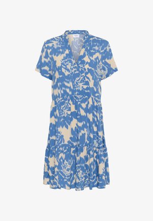 Sininen ja kerma valloittavalla kuviolla varustettu mekko, jossa on lyhyet hihat, V-kaula-aukko ja kerroksellinen hameosa. Valmistettu kevyestä kankaasta, jossa on kukka-aiheita ja pehmeä rakenne.