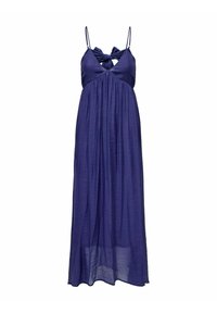 Vestido maxi de tela azul oscuro, con un corte en la espalda decorado con un lazo y tirantes delgados ajustables, falda fluida con una textura ligeramente transparente.