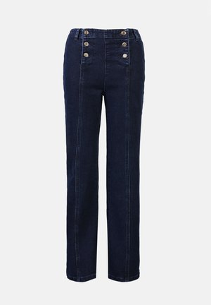 Mørkeblå denimbukser med høyt liv og rette ben, med fem knapper i livet og kontraststing langs sømmene.