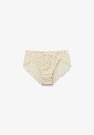 Lace bikini ondergoed in zachte crème, met een bloemmotief, geschulpte randen en een delicate lace textuur voor een lichtgewicht gevoel.