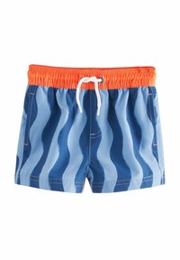 Costumi da bagno blu con motivi ondulati blu scuro, vita elastica arancione e cordino bianco. Presenta tasche laterali e orlo cucito.