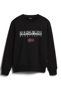 Sweat-shirt noir col rond avec le texte "NAPAPIJRI geographic" et un petit drapeau norvégien centré sur la poitrine, manches longues, bords-côtes aux poignets et à l'ourlet.