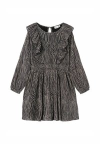 Schwarz-weiß gestreiftes Kleid mit zebramuster, langen Ärmeln, gerüschtem Ausschnitt, gerafftem Taillenbund und einem Schlüsselaugenöffnung hinten. Hergestellt aus strukturiertem Stoff.