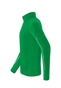 Giacca sportiva verde con collo alto, maniche lunghe, tessuto strutturato e dettagli bianchi a contrasto lungo i lati.