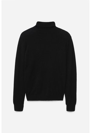 Maglione a collo alto nero realizzato in un tessuto morbido, con maniche lunghe, un design aderente e un collo e orlo leggermente a coste.