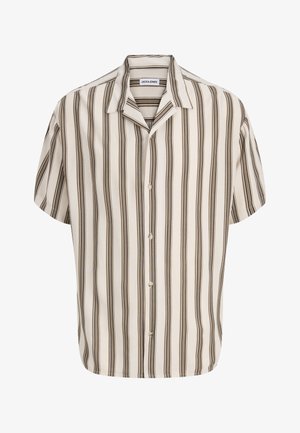 Lühikeste varrukatega nööpidega särk, millel on beeži ja pruuni värvi vertikaalsed triibud ning lahtine krae, millel on silt JACK & JONES.