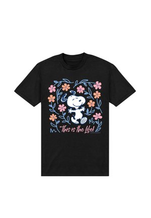 Black T-shirt with Snoopy surrounded by pink and orange flowers and blue leaves, captioned "This is the life!" in pink script.