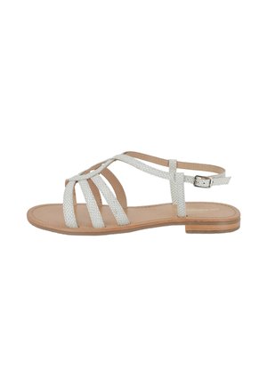 Sandalo strappy grigio chiaro con design testurizzato, suola in legno piatta e fibbia regolabile alla caviglia. Stile minimalista con punta aperta.