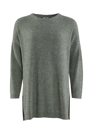 Long-sleeve sweater in soft, textured gray knit, featuring a round neck and side slits for a relaxed fit.