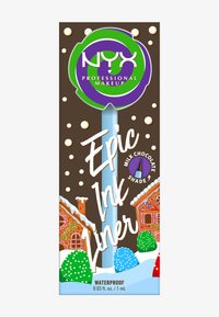 Opakowanie NYX Epic Ink Liner ma tło w kolorze czekoladowo-brązowym z białymi kropkami, zielono-fioletowe logo oraz dekoracyjne motywy piernikowego domku.