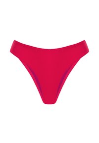 Czerwone majtki bikini o wysokim kroju, gładkiej fakturze i kontrastowych akcentach po bokach. Brak widocznych wzorów i elementów metalowych.
