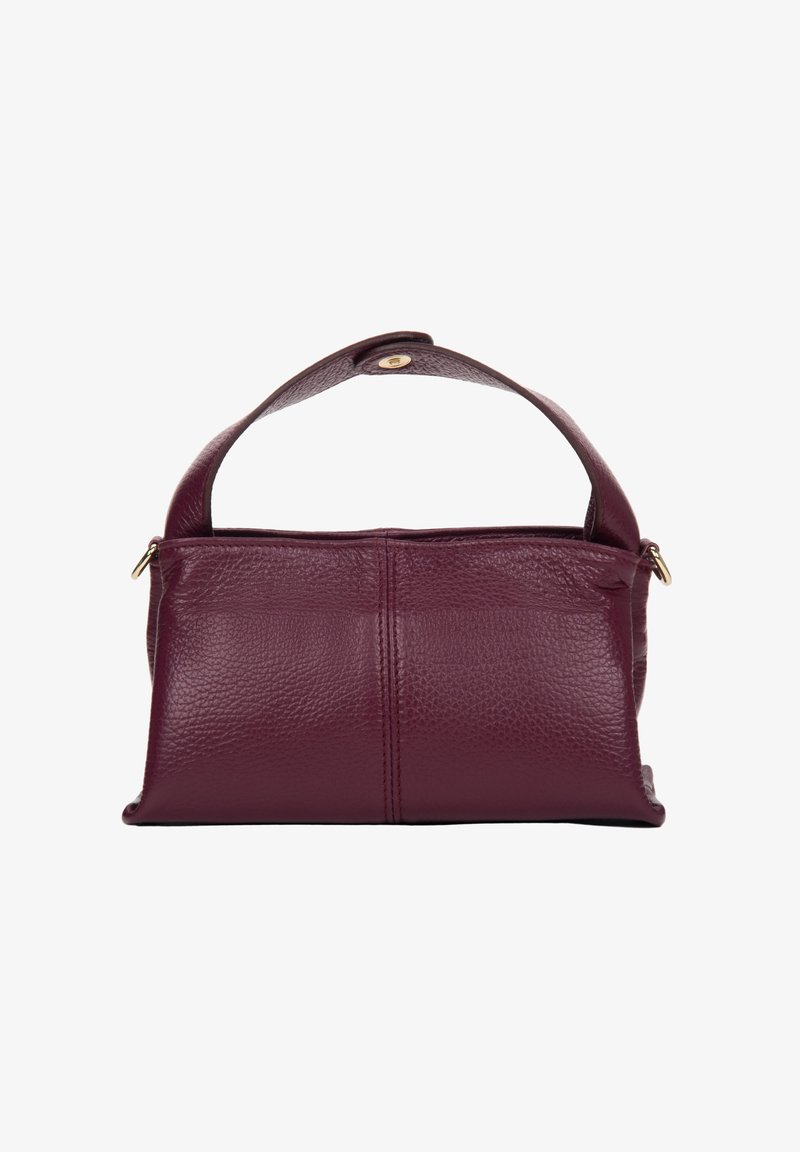 Bordowa skórzana torebka z teksturowanym wykończeniem, wyposażona w krótką rączkę i złote okucia. Minimalistyczny design z zamknięciem na zamek.