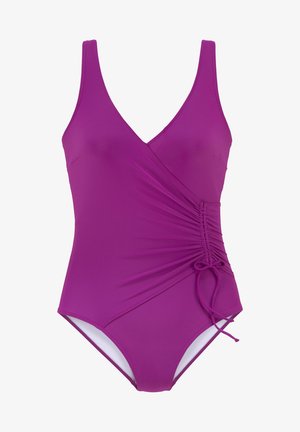 Maillot de bain une pièce violet avec un décolleté en V profond, des détails froncés à la taille, un lien ajustable et une finition en tissu doux.